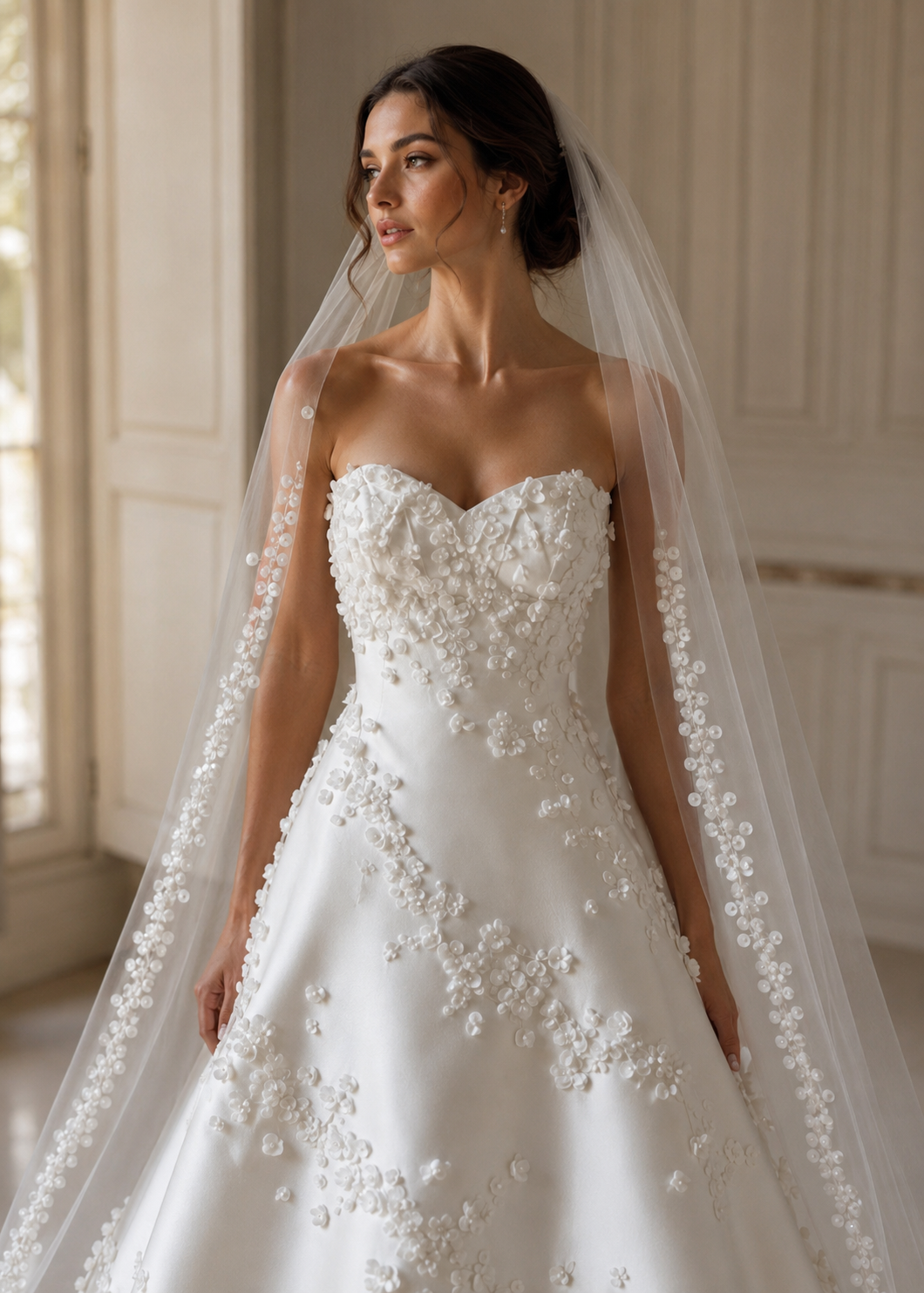 Close up of Bride wearing Lumière Blossom luxury satin wedding dress featuring dimensional floral petal sequins and a cathedral train.