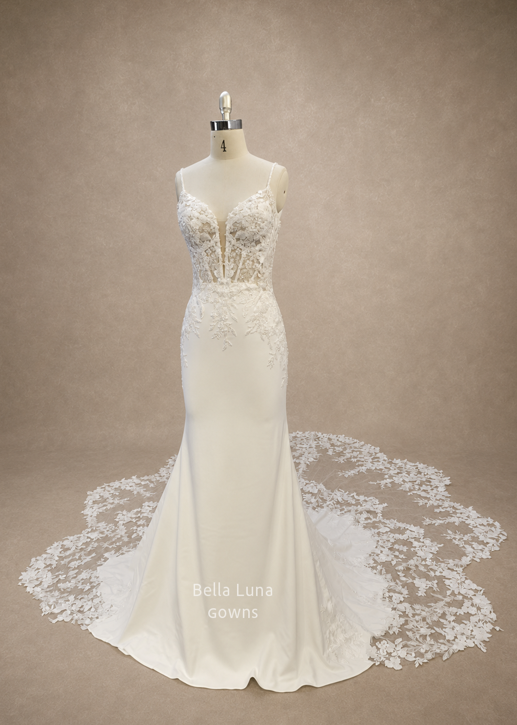 angled Full front view of Avelisse fitted satin wedding gown with plunging V-neck floral lace bodice