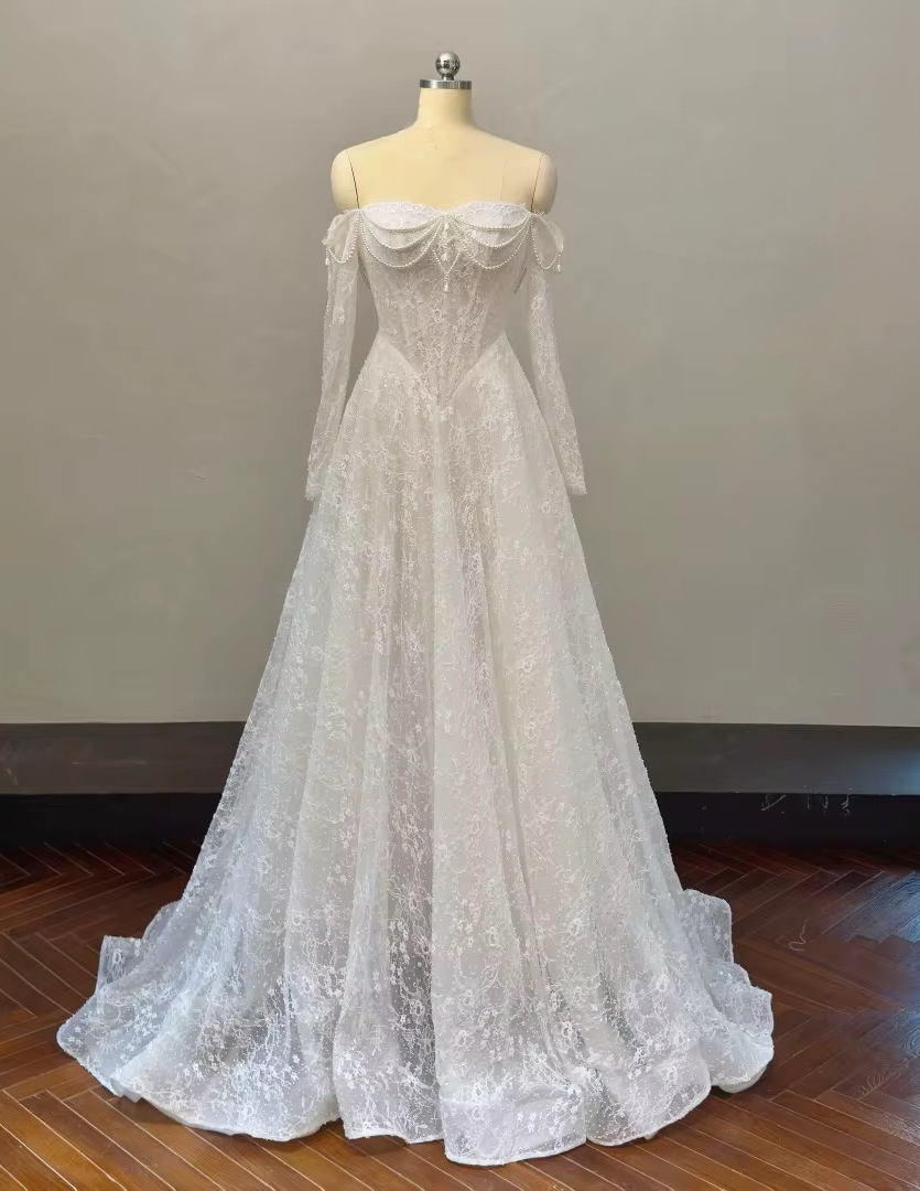 Marielle off-the-shoulder lace A-line wedding gown full front view with chapel train and pearl embellished bodice