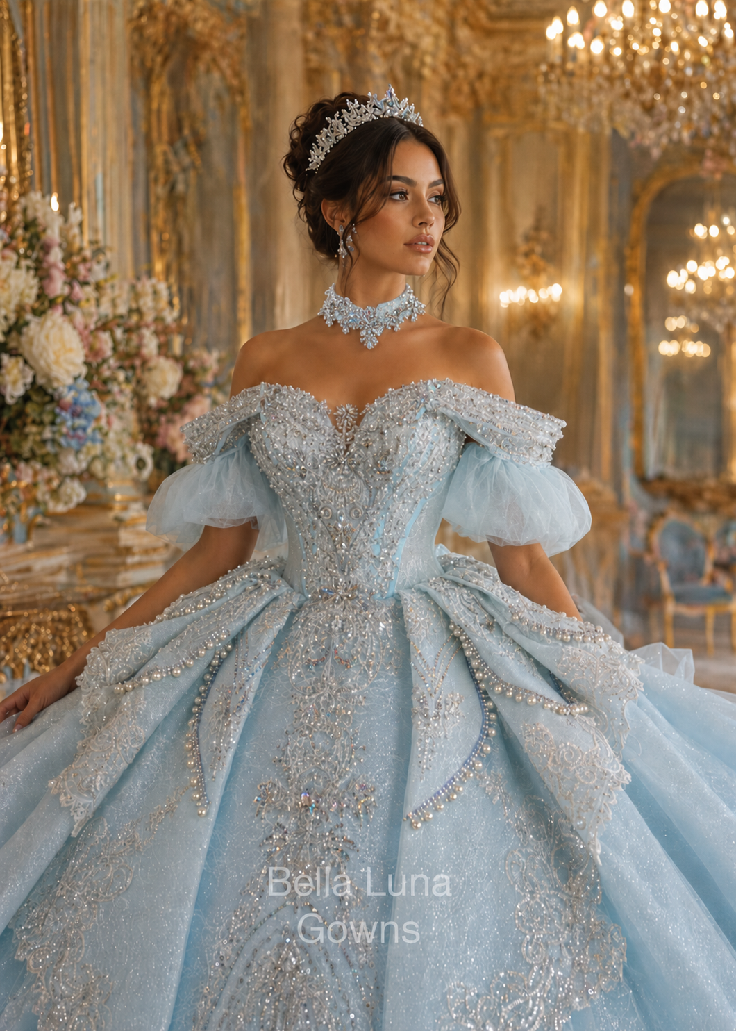 Blue Love Story soft blue Cinderella quinceañera ball gown on a model in an ornate palace interior