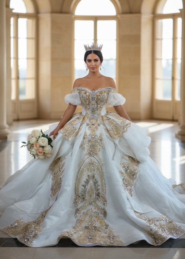 Gold & Ivory Quinceaera Gown with Crystals  Bella Luna Gowns