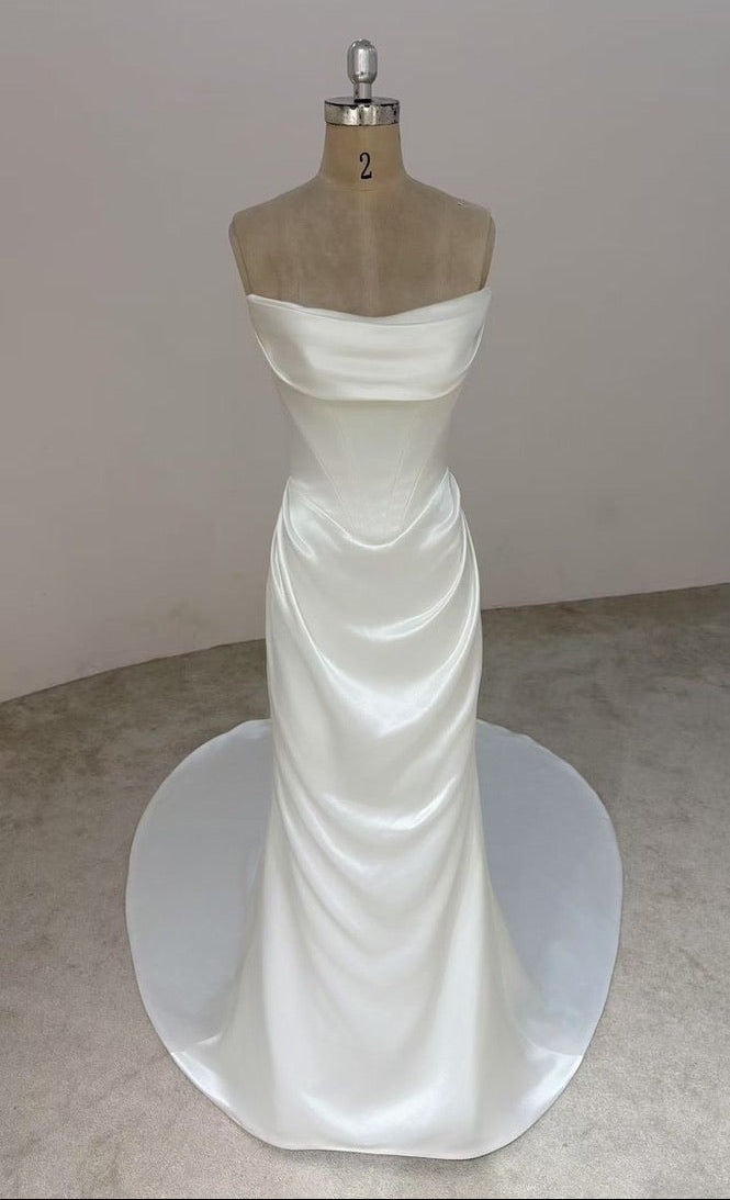 Modern Satin Wedding Gown with Draped Skirt and Floral Detail Custom Plus Size Modern Satin Wedding Gown with Draped Skirt and Floral Detail Custom Plus Size