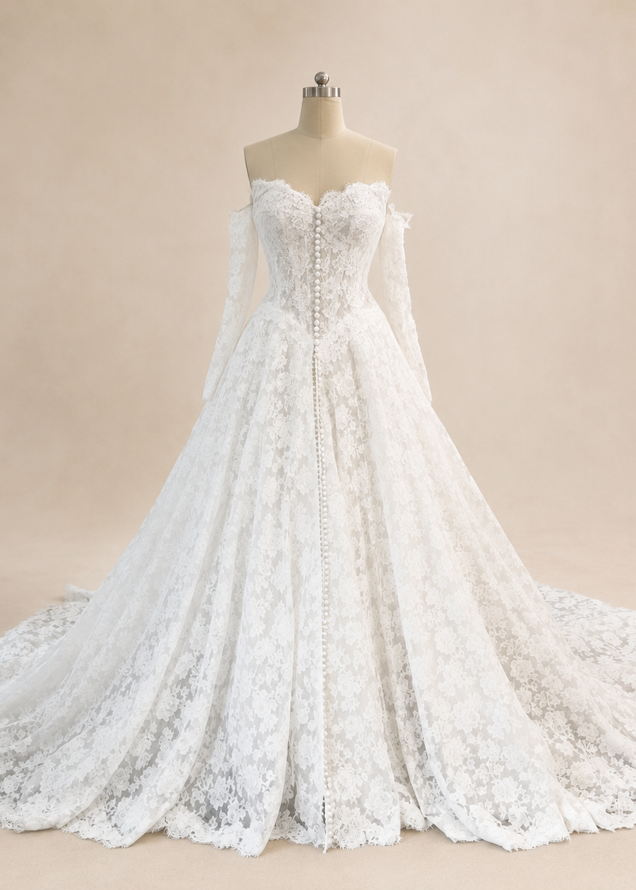 Front view of Estelle A-line wedding gown with corded floral lace, sweetheart corset bodice and center front buttons
