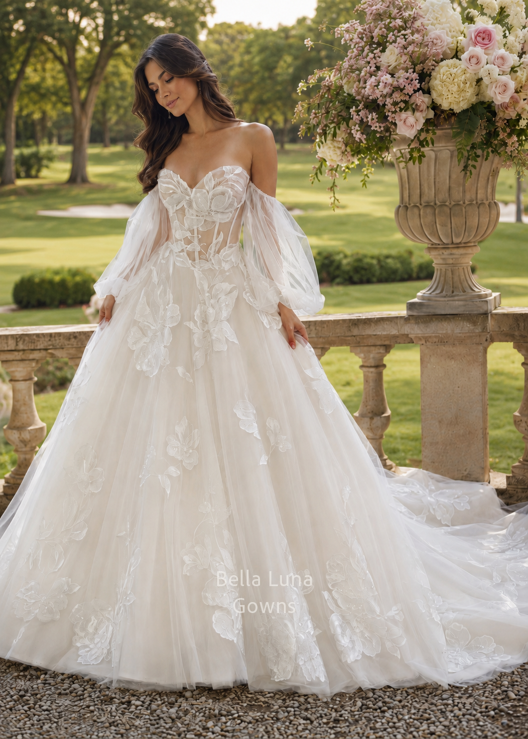 Model wearing the Florienne off-white floral lace wedding gown with a sheer corset bodice, draped tulle sleeves, and romantic A-line skirt by Bella Luna Gowns.