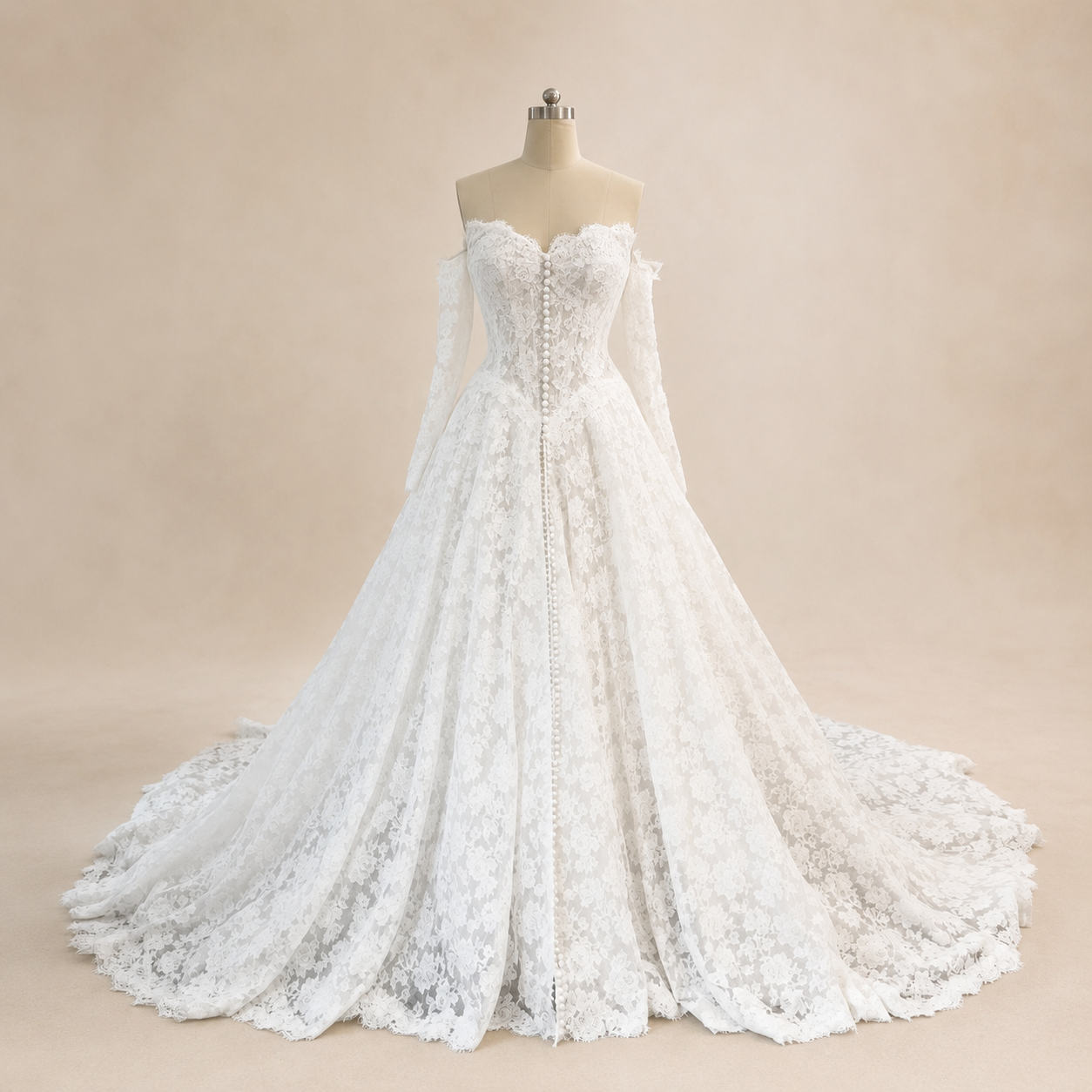 Front view of Estelle A-line wedding gown with corded floral lace, sweetheart corset bodice and center front buttons