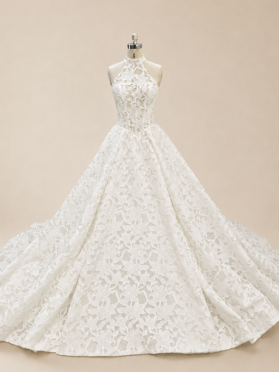 Full front view of Solenne halter floral lace A-line wedding dress with allover botanical embroidery
