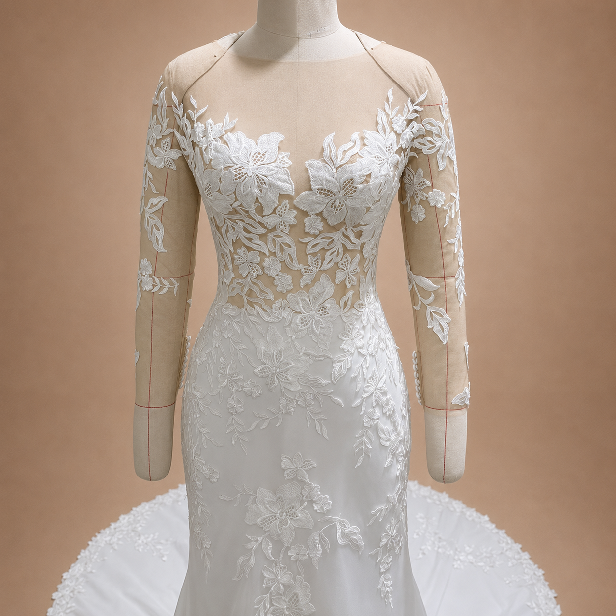 Mélisande-illusion bateau bodice with plunging center inset and embroidered floral appliqués