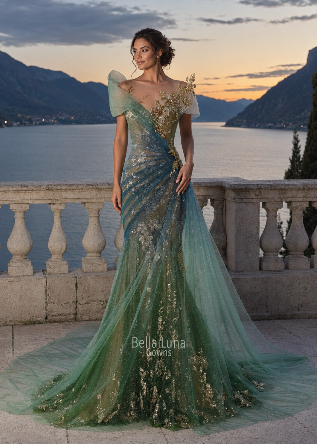Model wearing the Ondine Émeraude green and blue ombré fit-and-flare gown with gold floral embellishment and court train.