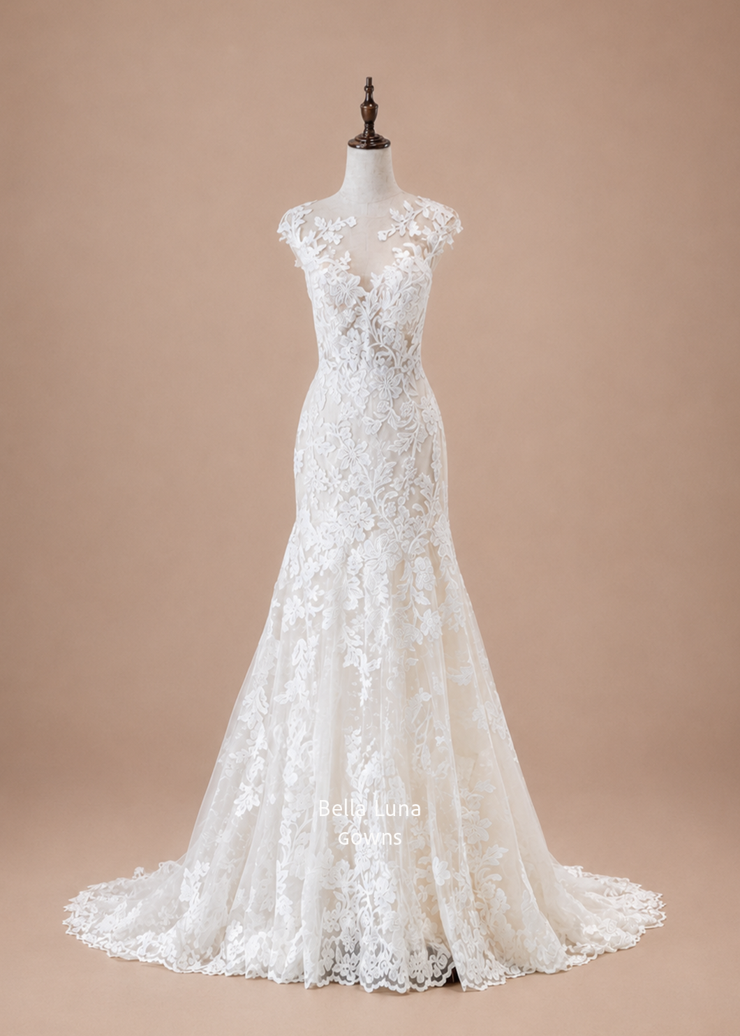 Léontine beaded lace fit-and-flare wedding dress with illusion bateau neckline and cap sleeves