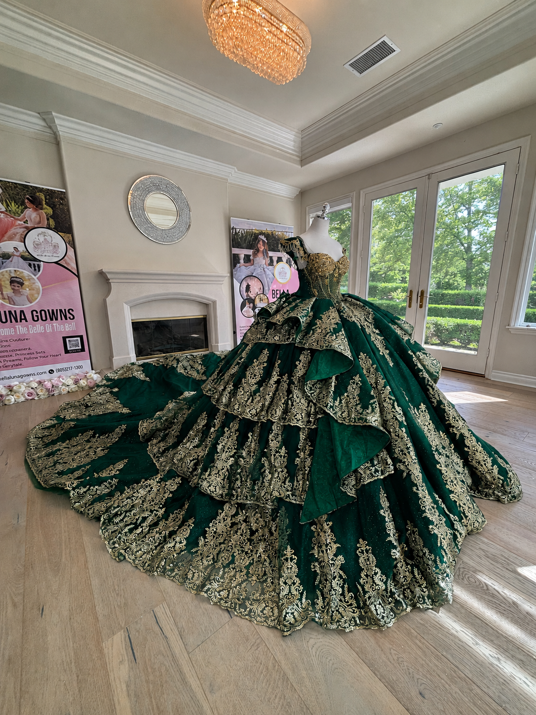 Side view of Emerald Dynasty emerald green and gold quinceañera ball gown 