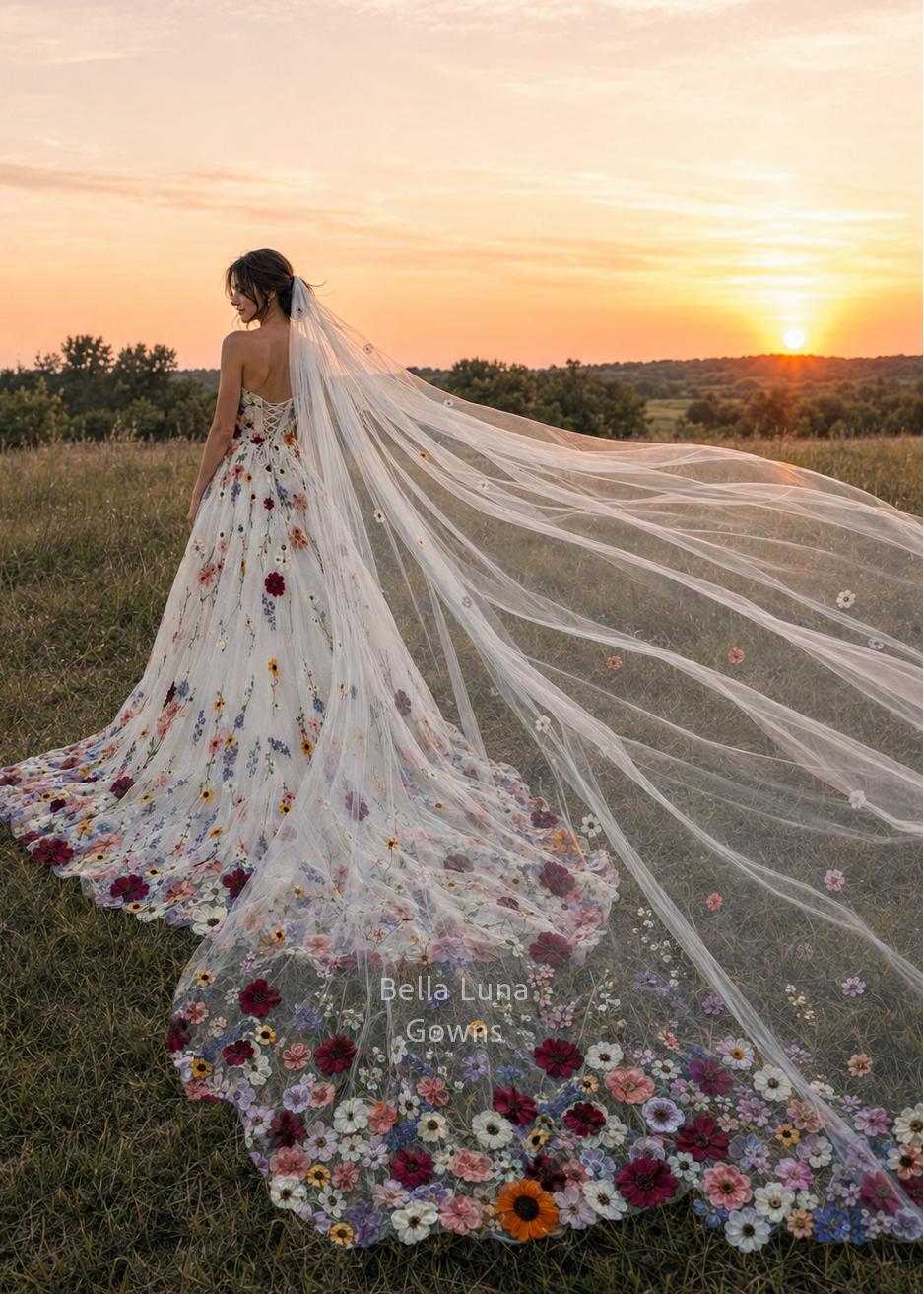 Meadow Reverie colorful embroidered floral wedding veil displayed at full custom length