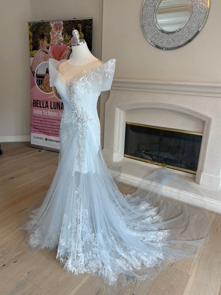 full side view of Ondine fit-and-flare wedding dress with layered ombre tulle