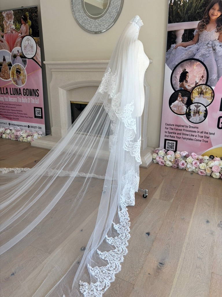 Close up side view of Paloma mantilla cathedral wedding veil with a bridal blusher, sheer tulle construction and an elaborate embroidered corded lace border. 