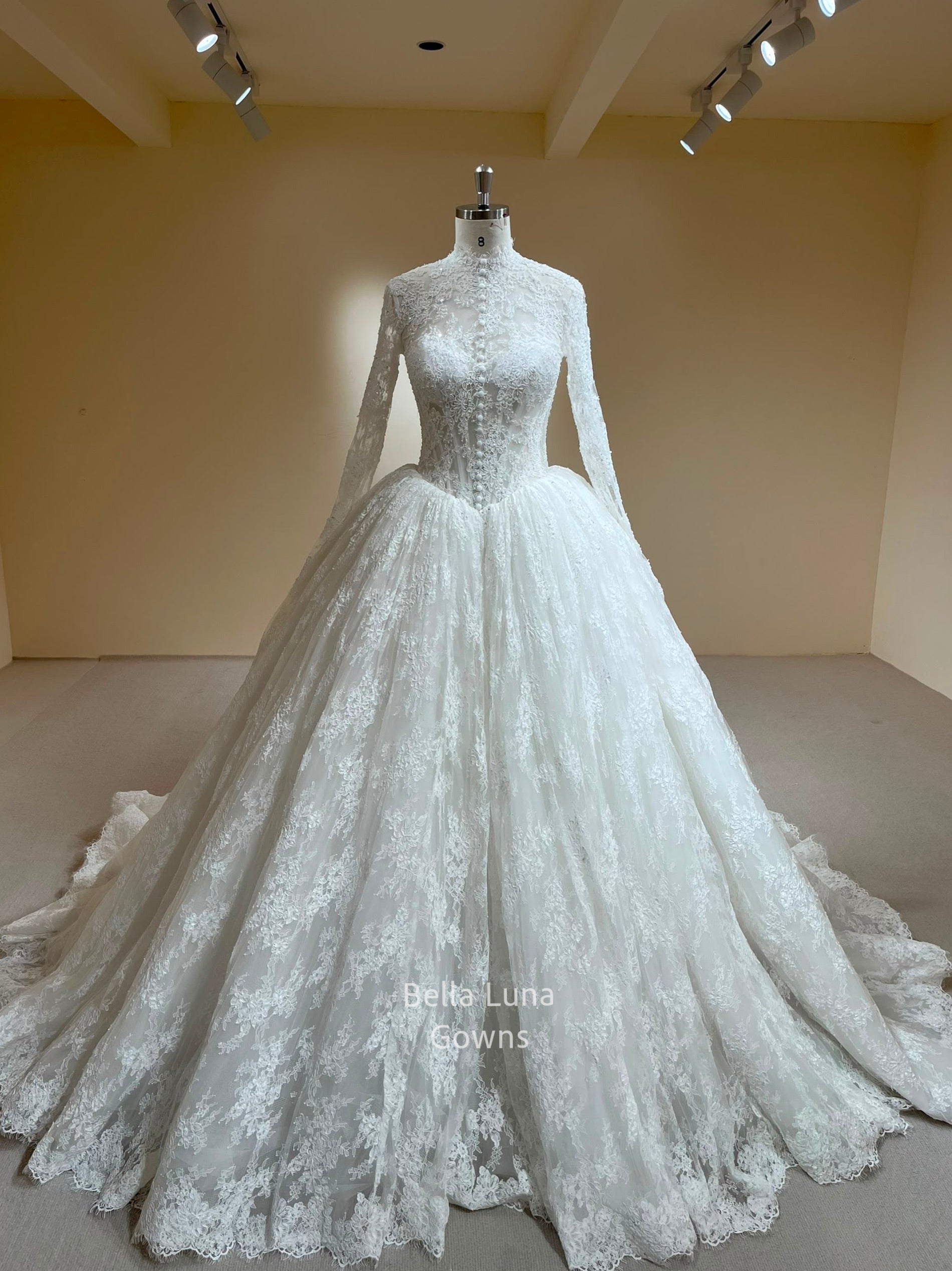 Full front view of the Theodora off-white long-sleeve lace ball gown with a pointed basque waist and chapel train
