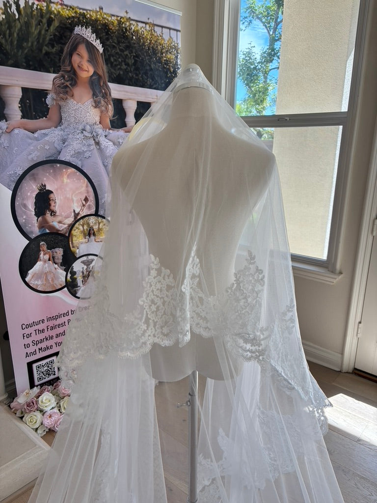 front view of Paloma mantilla cathedral wedding veil with a bridal blusher, sheer tulle construction and an elaborate embroidered corded lace border. 