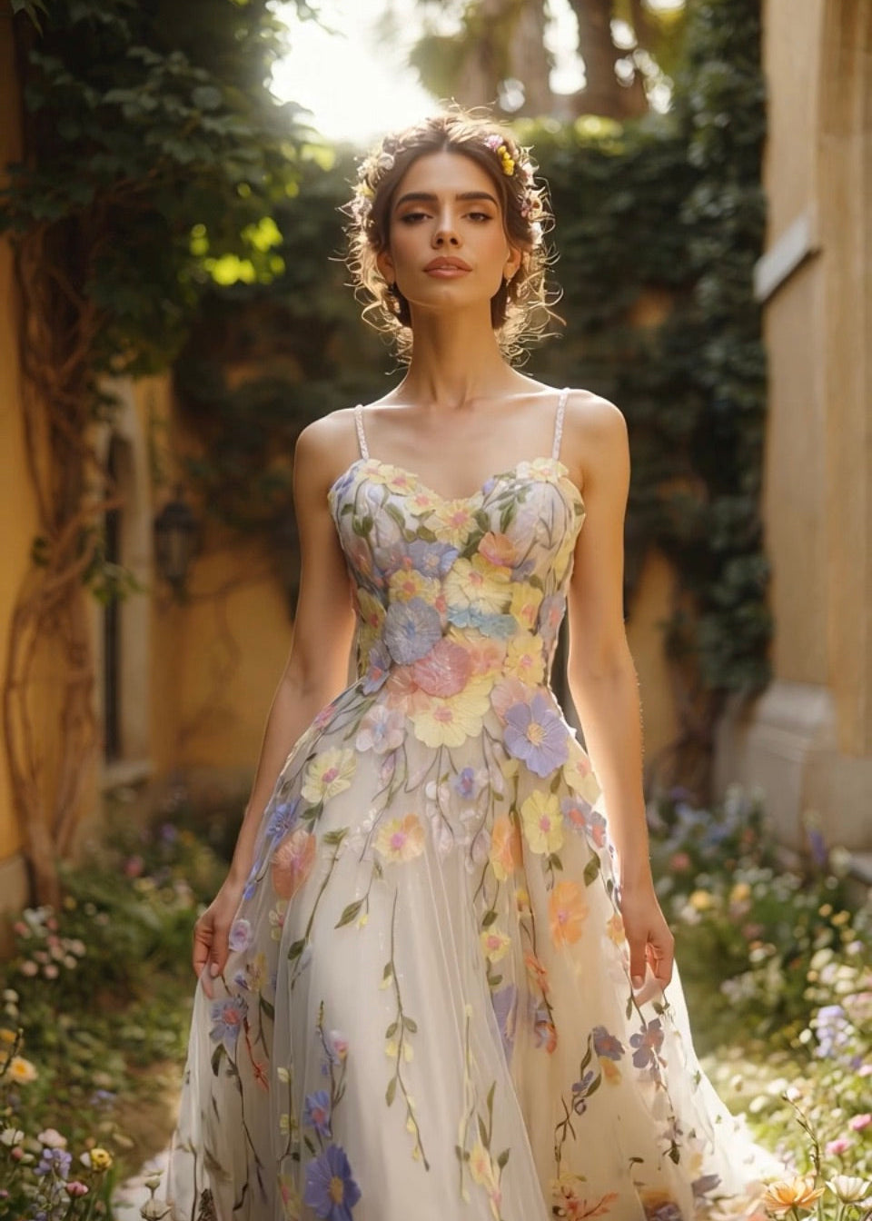 The Pastel Reverie pastel floral A-line wedding dress front view on Ai model  showing glitter tulle, embroidered lace, and trailing train