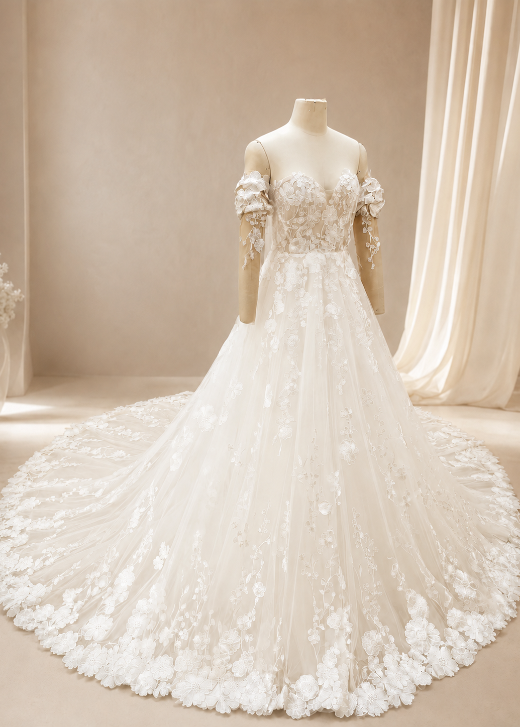 Three-quarter front view of an ivory tulle A-line wedding dress with detachable illusion sleeves and embroidered floral lace appliqué extending across the skirt and train.