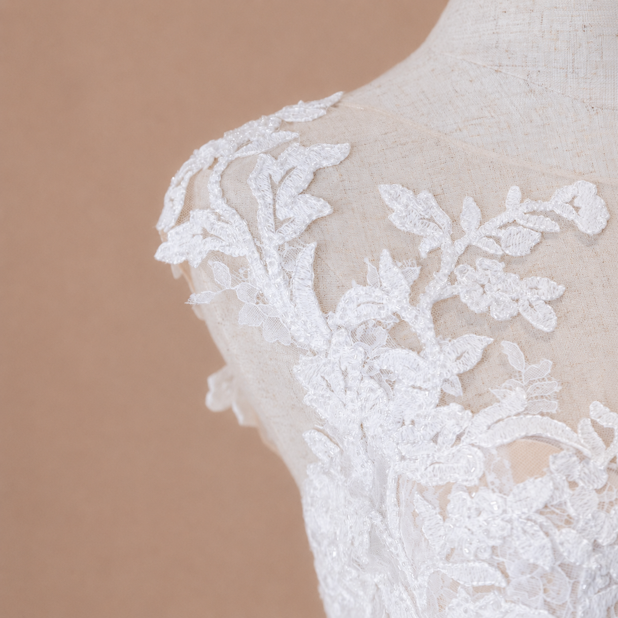  Léontine illusion bateau neckline and cap sleeve with beaded botanical lace appliqué