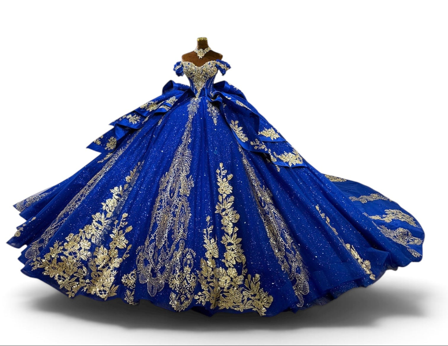 Side view of Imperial Azure ball gown with sculptural draped skirt panels
