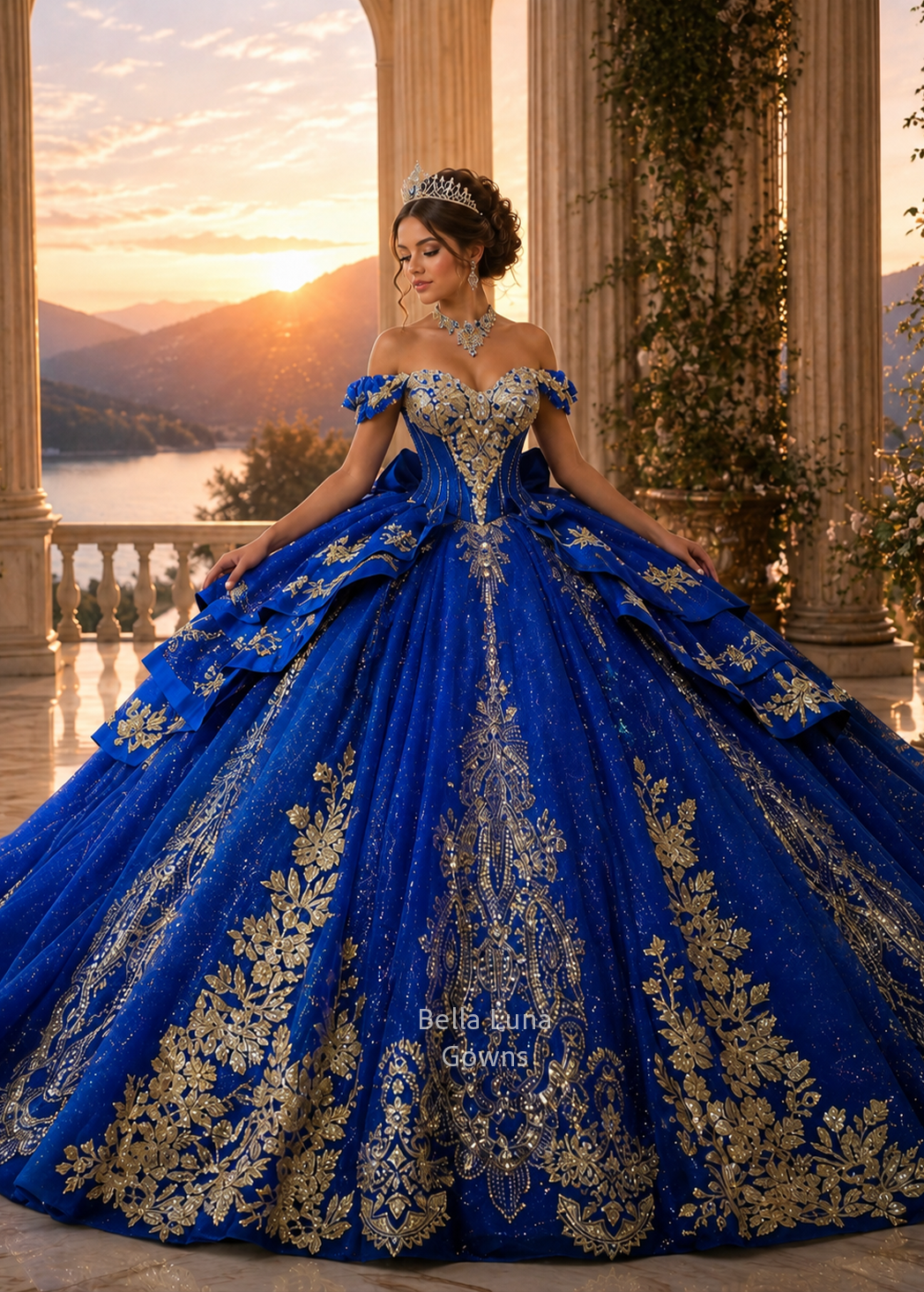 Imperial Azure royal blue and gold quinceañera ball gown with glitter tulle and beaded lace