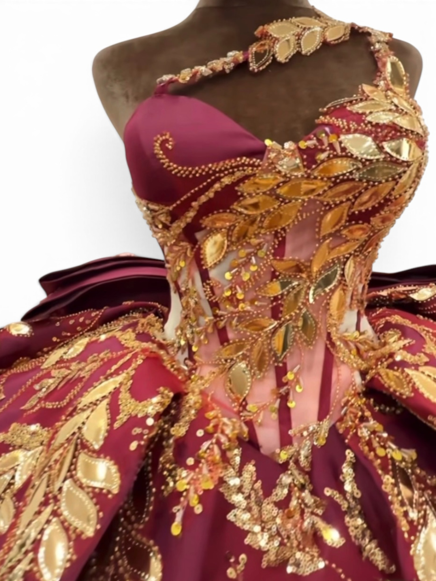 Empress Athena one-shoulder corset bodice with metallic-gold leaf appliqués and illusion paneling