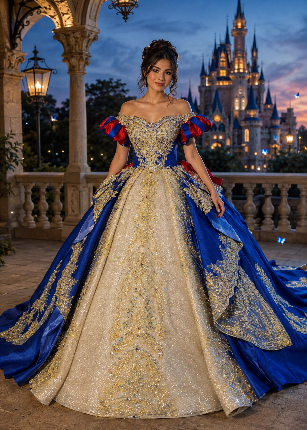 Royal Regal royal blue red and gold quinceañera ball gown with embellished sweetheart bodice