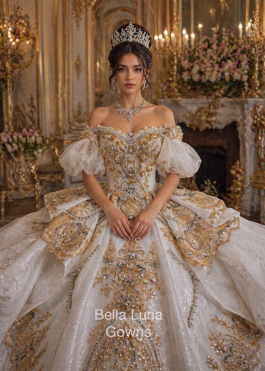 Gold & Ivory Quinceaera Gown with Crystals Bella Luna Gowns Adult Size/Made to measure Gold & Ivory Quinceaera Gown with Crystals Bella Luna Gowns Adult Size/Made to measure