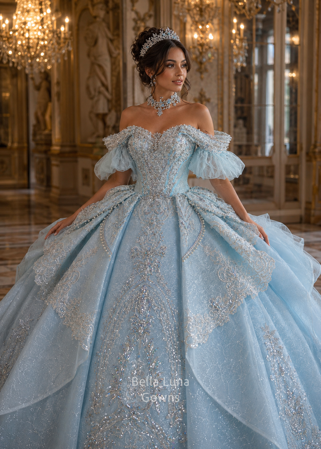 Close-up of Blue Love Story hand-beaded bodice, sweetheart neckline, and off-shoulder sleeves