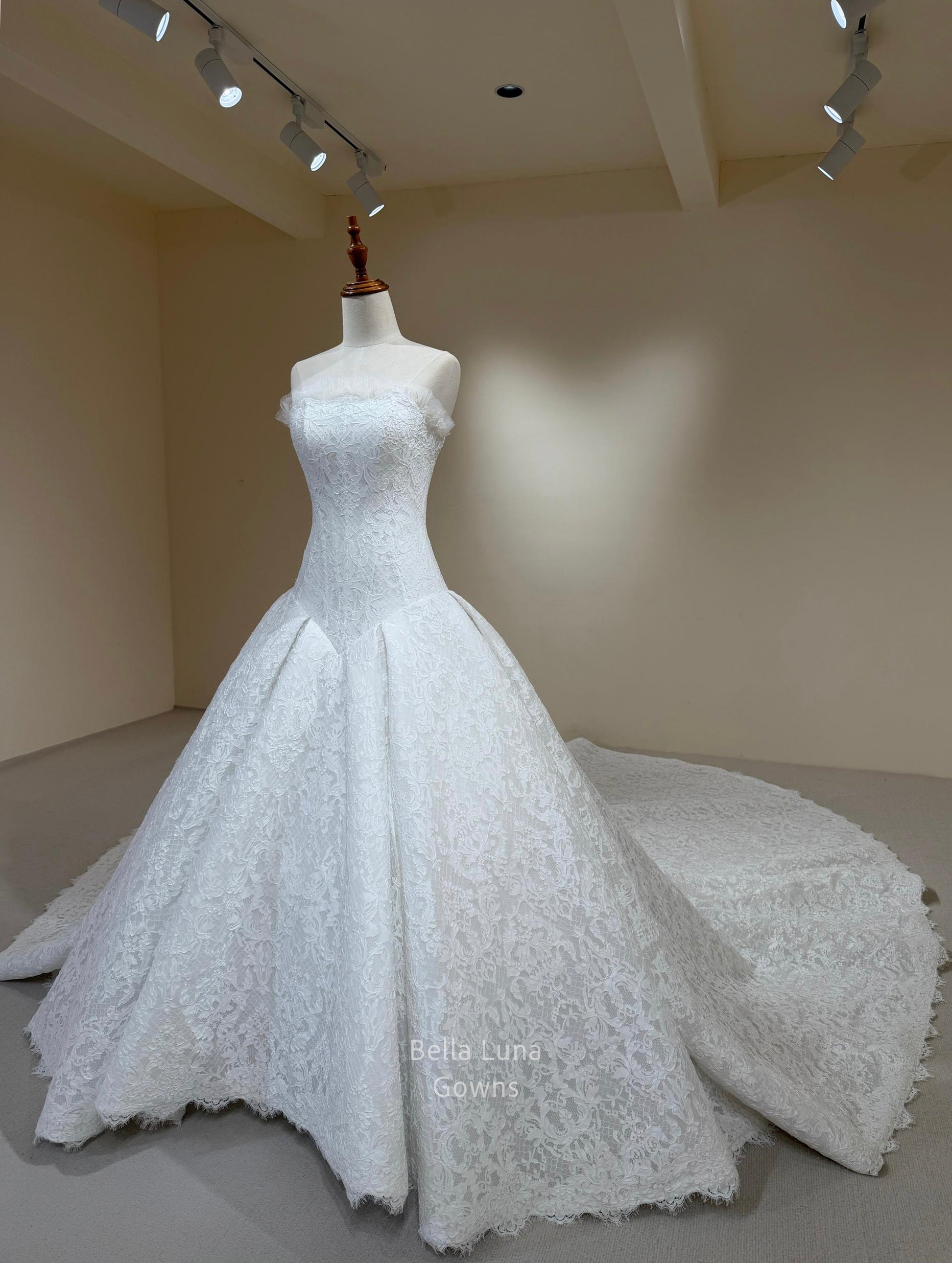 three quarter front view of Front view of Isolde strapless corded French lace basque drop waist wedding dress