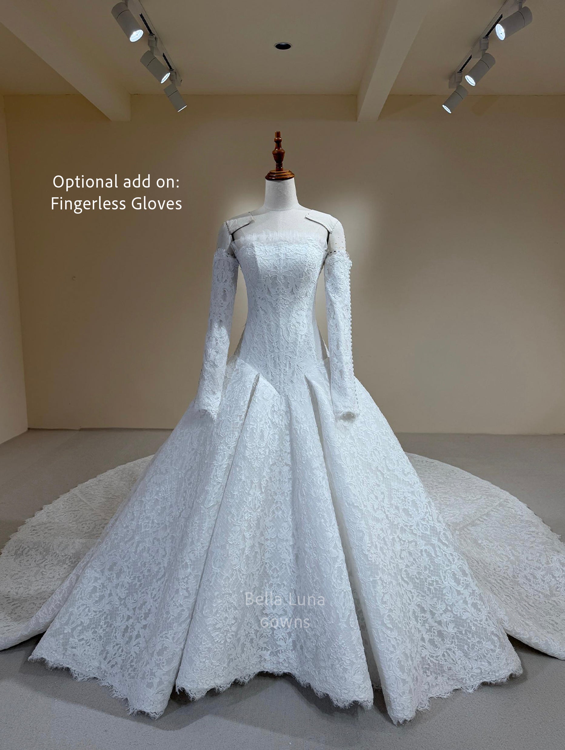 Front view of Isolde strapless corded French lace wedding dress with basque drop waist