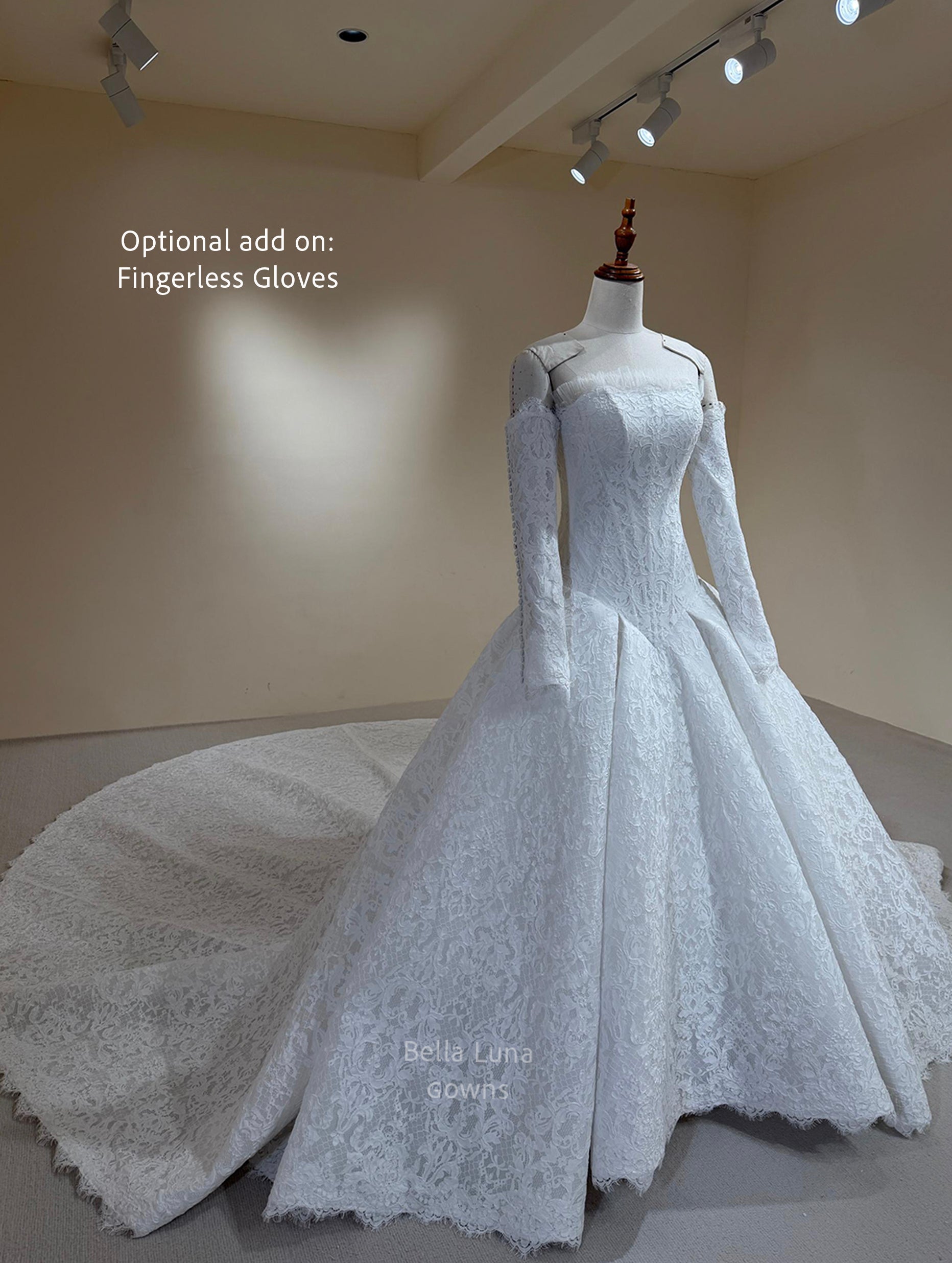 Isolde off-white French lace ball gown with pointed basque waist