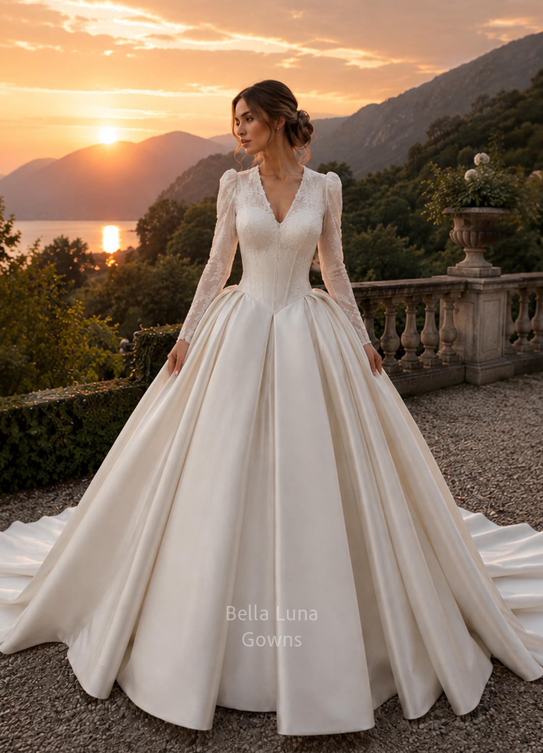 Victoria off-white Mikado bridal gown with French lace V-neckline and long lace sleeves