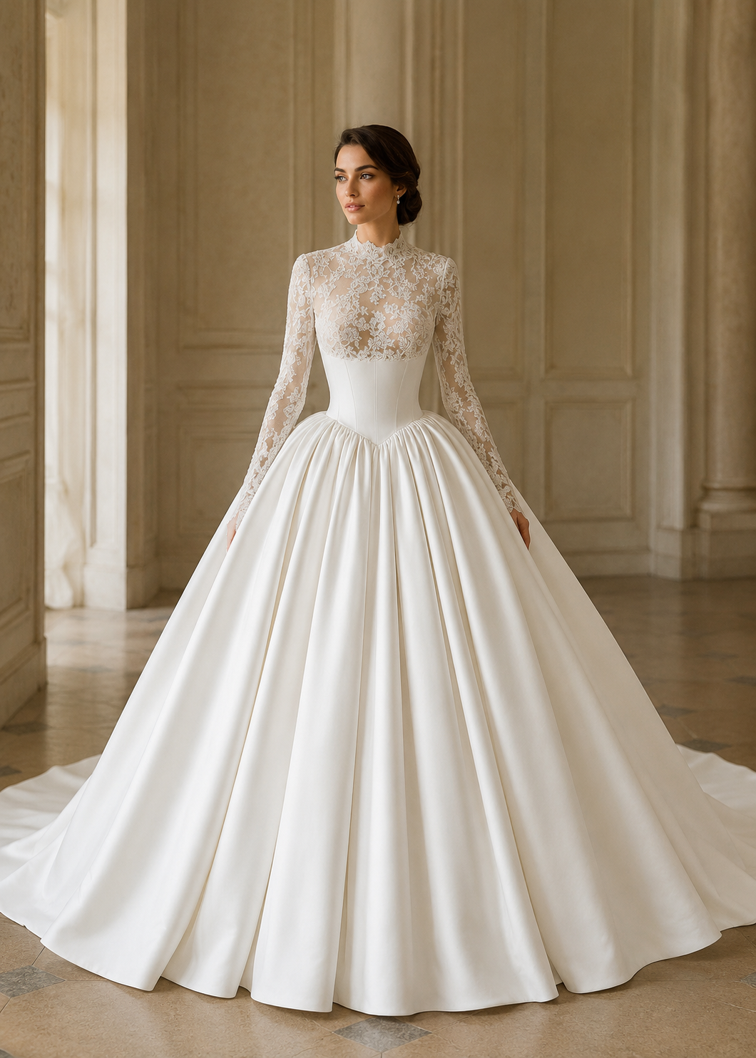 Grace Royale off-white high-neck beaded lace and Mikado ball gown wedding dress, full front view