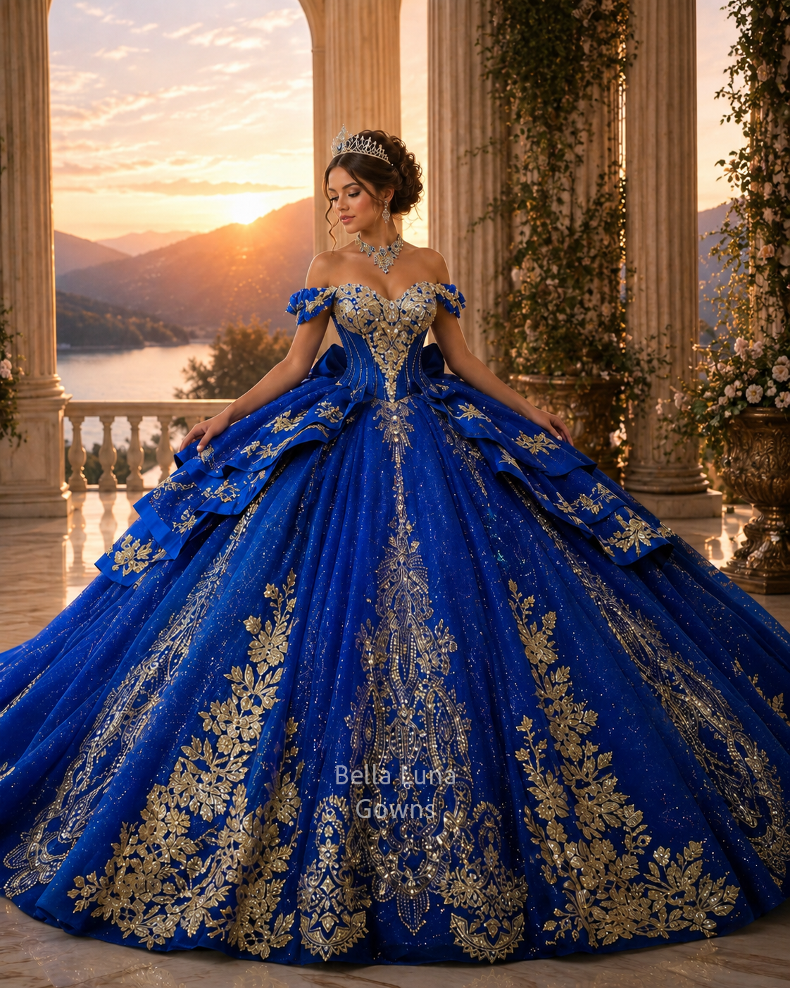 Imperial Azure royal blue and gold quinceañera ball gown with glitter tulle and beaded lace