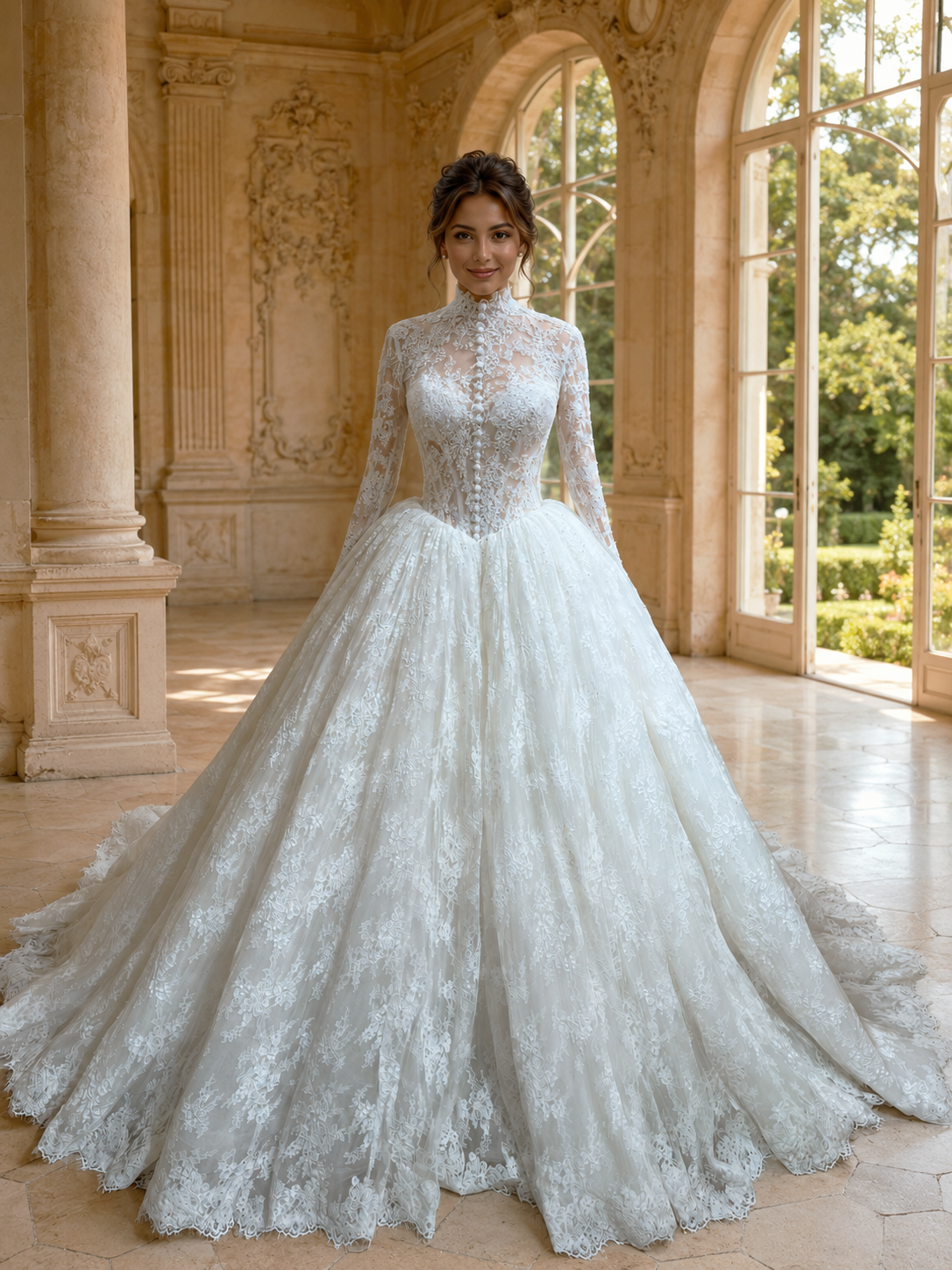 Full front view of the Theodora off-white long-sleeve lace ball gown with a pointed basque waist and chapel train