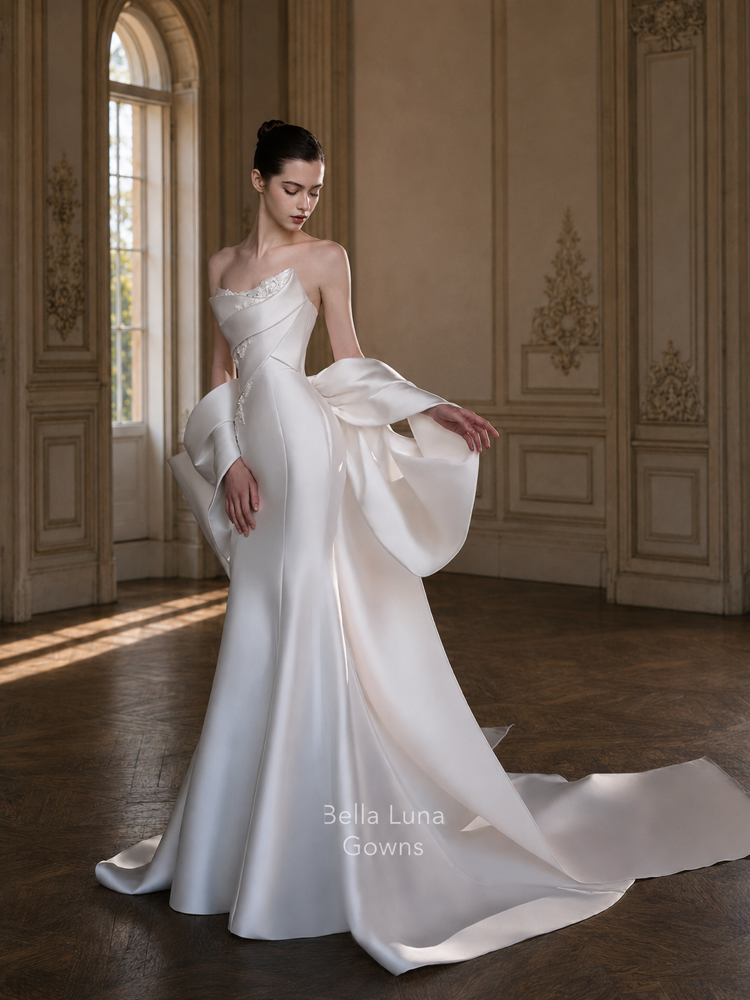 Oversized detachable bow with trailing satin tails on Solange wedding gown