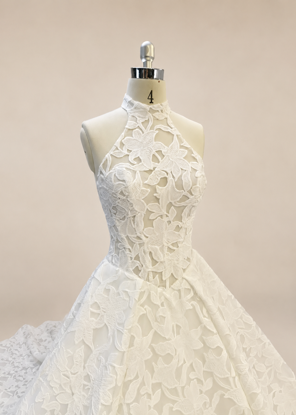 Solenne off-white halter embroidered lace A-line wedding dress with structured illusion bodice