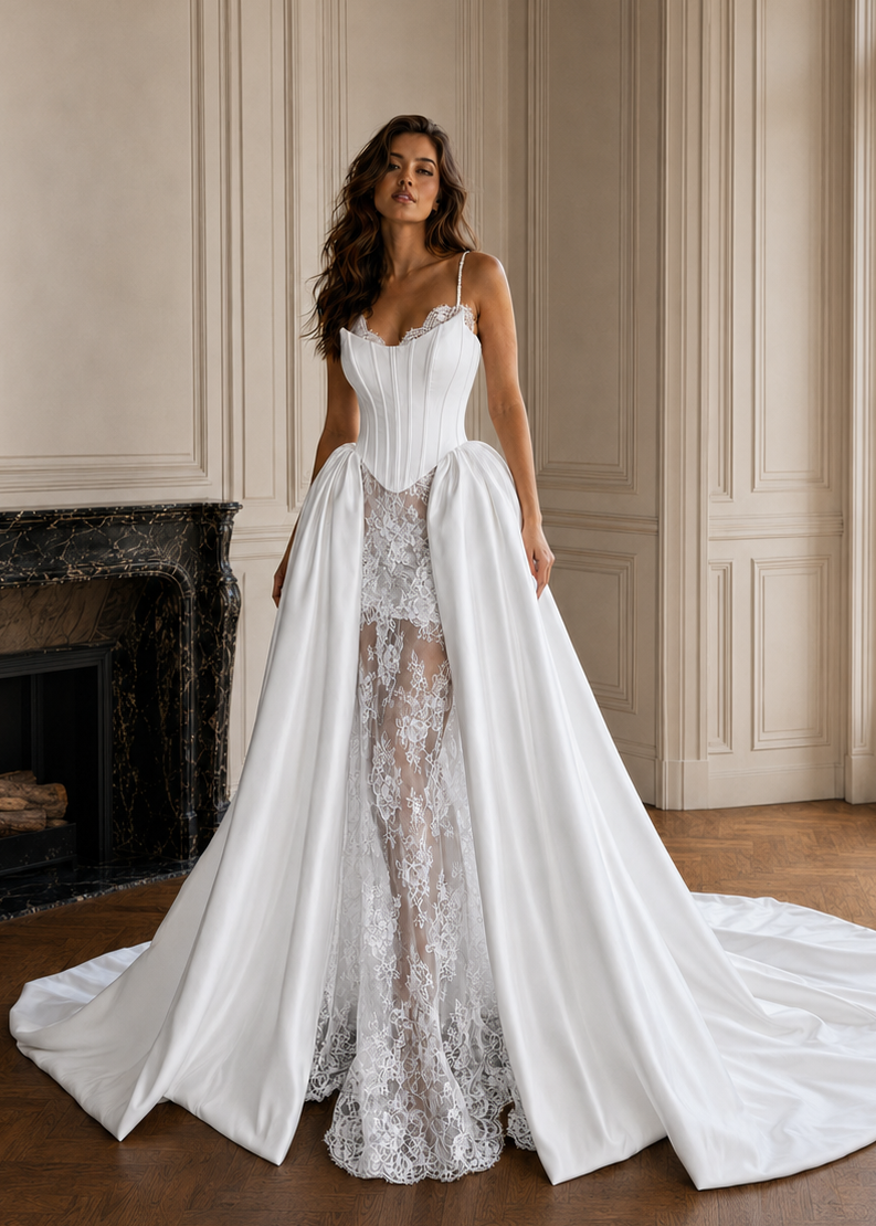 Front view of Amélie two-piece wedding gown worn with structured Mikado corset overskirt in an A-line silhouette over a french lace dress.