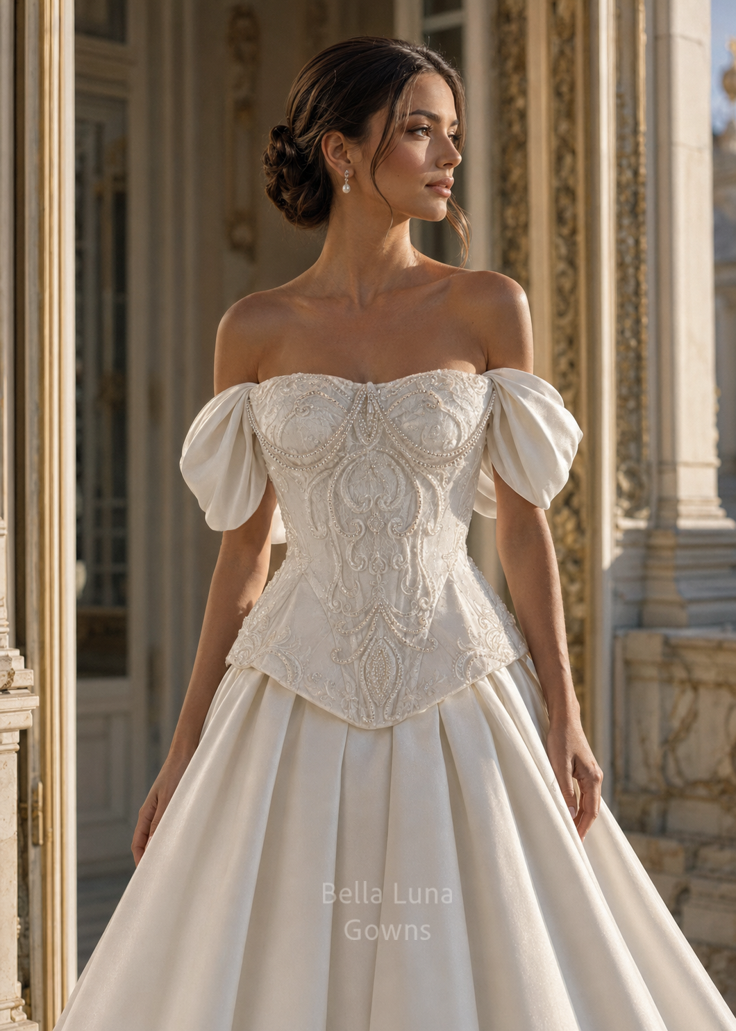 Editorial close-up of the Versailles pearl-beaded bridal corset with sweetheart neckline, embroidered lace and off-shoulder Mikado sleeves.