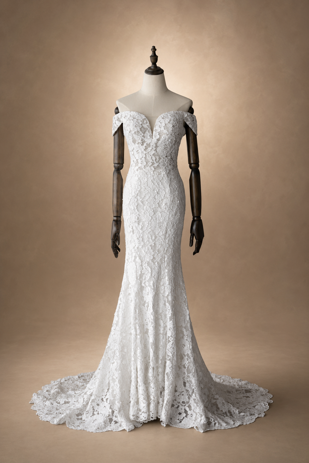 Front view of Sienna off-the-shoulder lace mermaid wedding gown