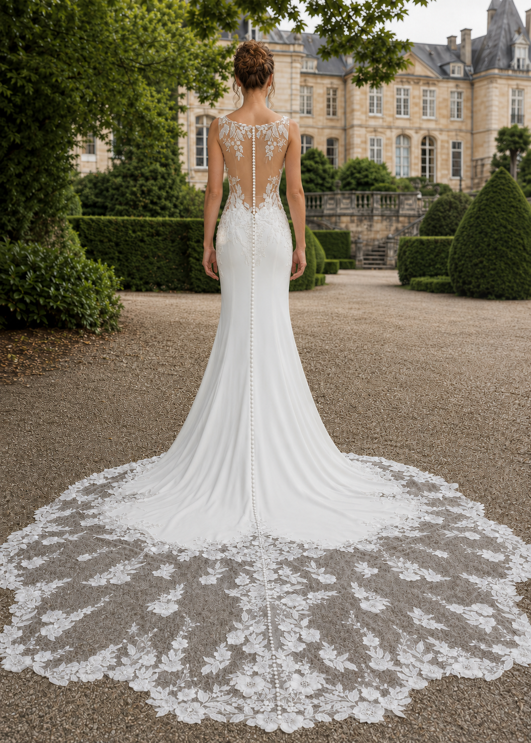 valessine-illusion-back-cathedral-train-wedding-dress.webp
Alt: Back of Valessine fitted satin wedding dress with illusion bodice, covered buttons and floral cathedral train