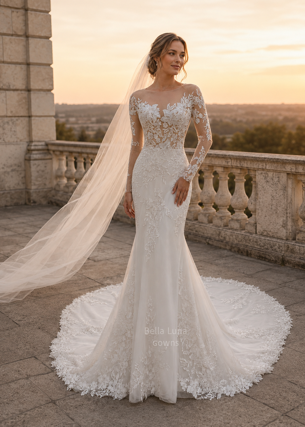 Mélisande Long-Sleeve Lace Fit-and-Flare Wedding Dress Regular Couture Size