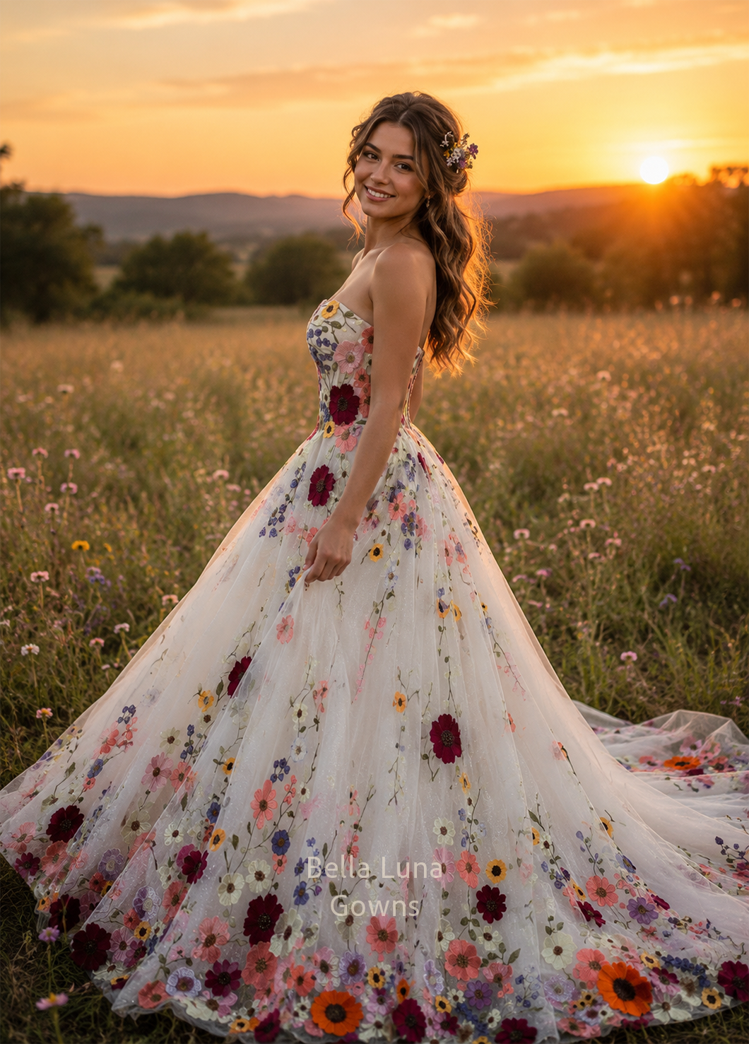 Meadow Reverie colorful wildflower wedding gown side view on bride in a sunset meadow, featuring a strapless sweetheart bodice, floral embroidery and full bridal skirt.