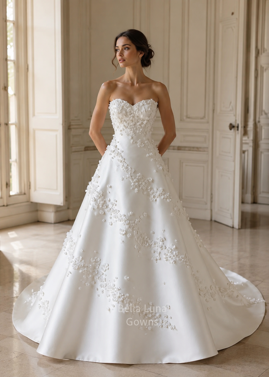 Bride wearing Lumière Blossom structured satin wedding dress with a sweetheart neckline and hand-applied floral petal sequins.