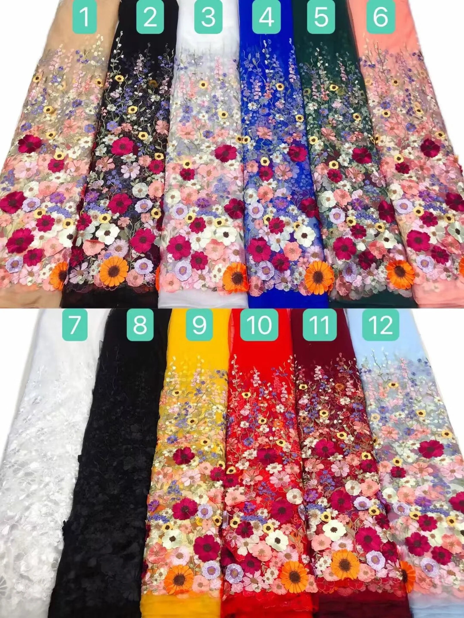 Colorful embroidered floral lace colorway options for The Meadow Reverie wedding dress, showing multiple available tulle base colors with wildflower embroidery.