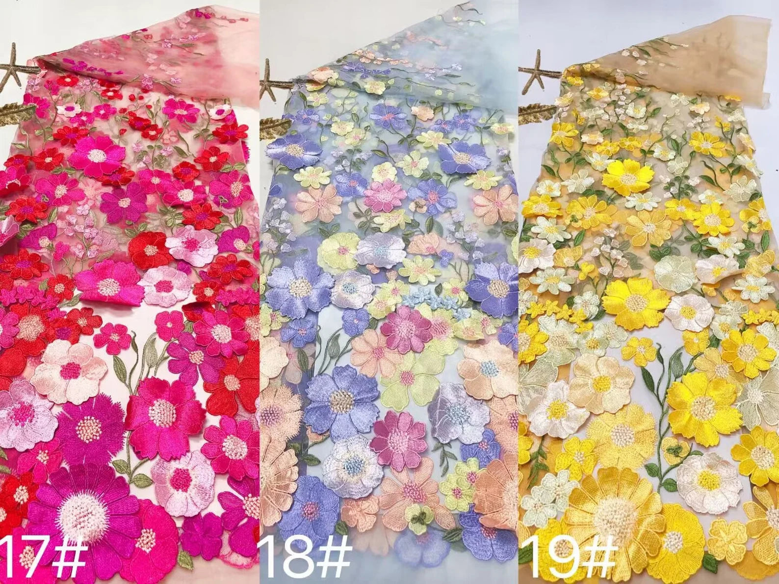 Close-up of additional embroidered floral lace options for The Meadow Reverie gown, showing pink, blue pastel, and yellow flower colorways available by request.