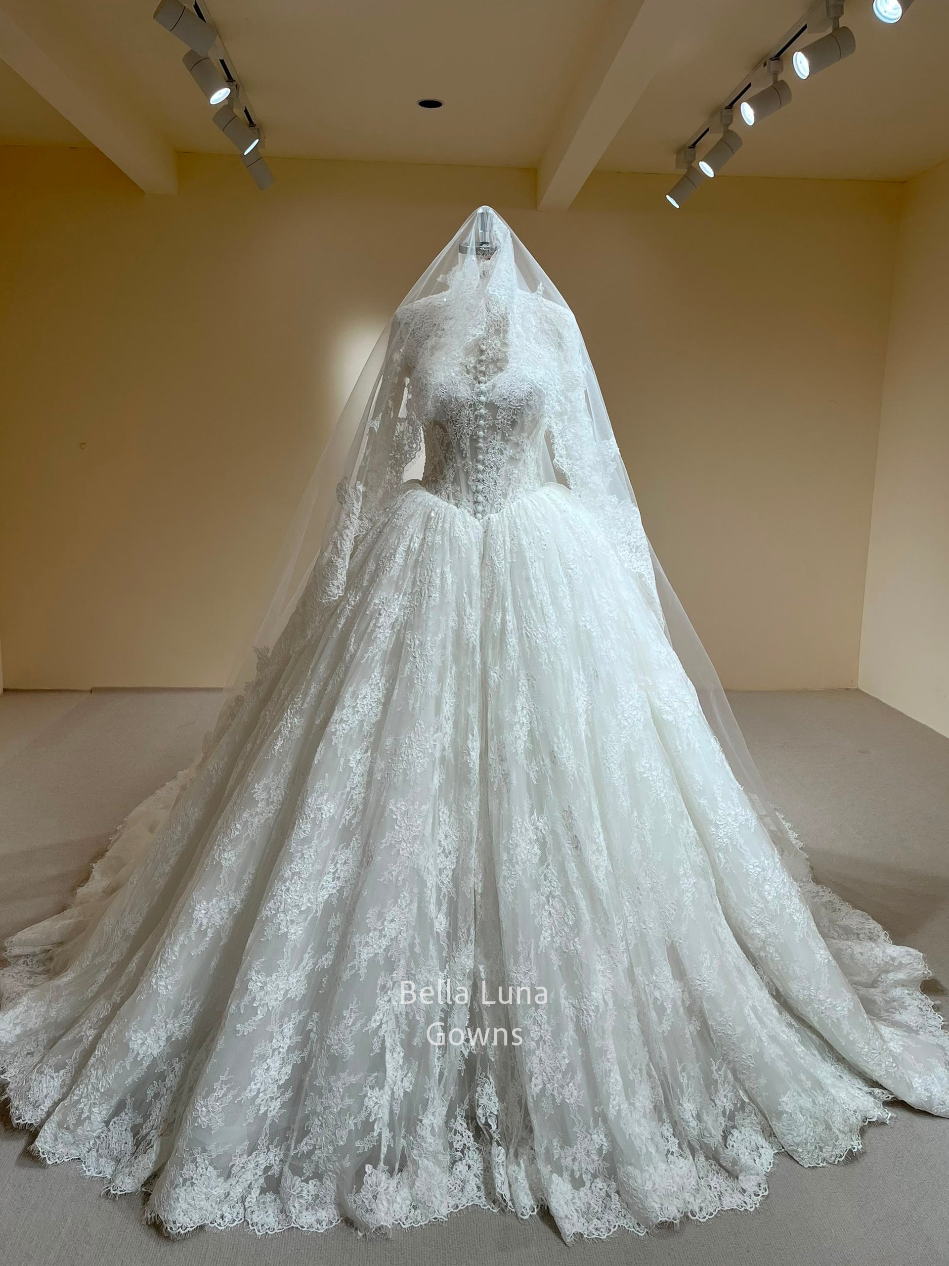 Front view of the Theodora high-neck lace wedding dress shown beneath its coordinating veil sold separately