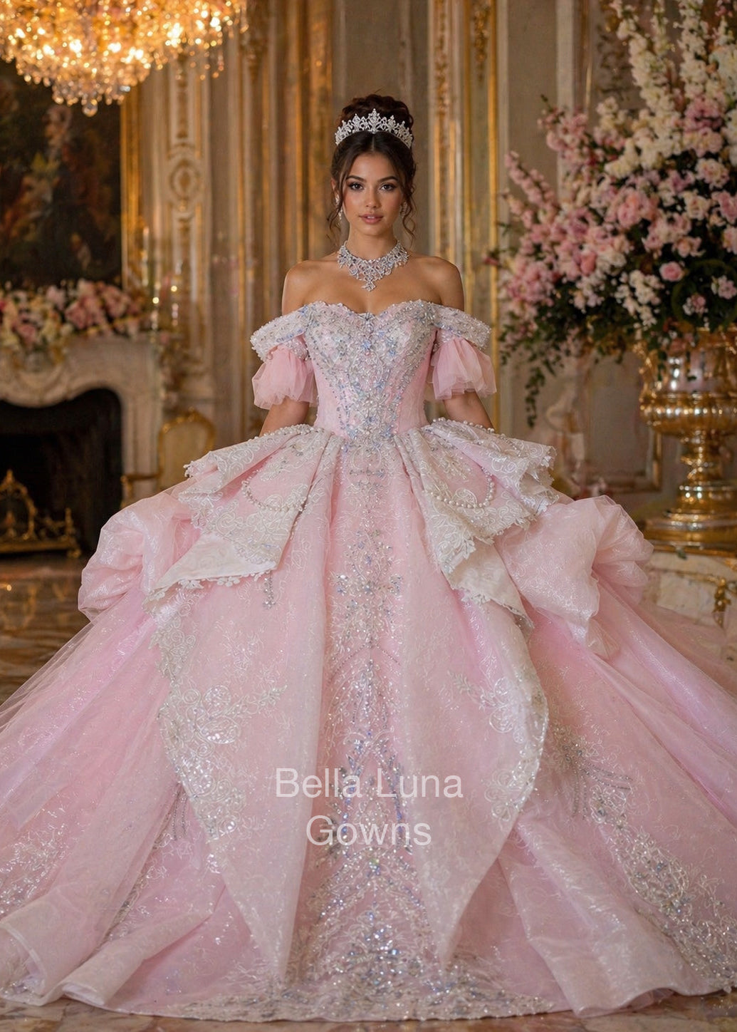Custom Pink Quinceañera Ball Gown with 3D Beaded Appliqués and Dramatic  Train