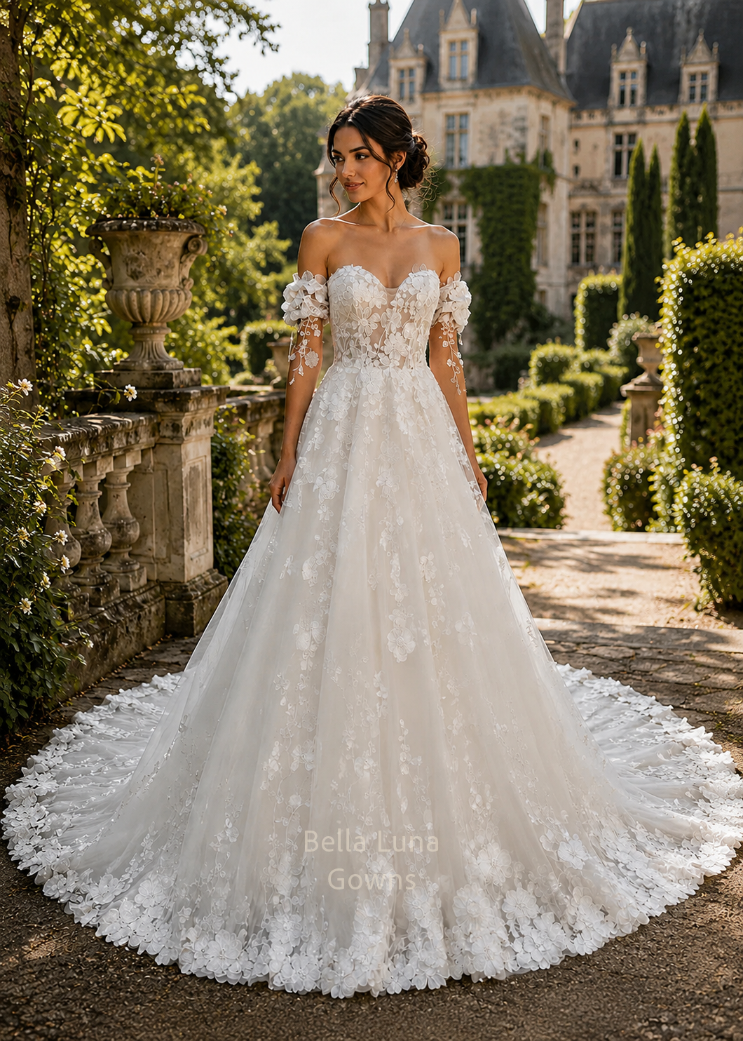 Three-quarter front view of an ivory tulle A-line wedding dress with detachable illusion sleeves and embroidered floral lace appliqué extending across the skirt and train.