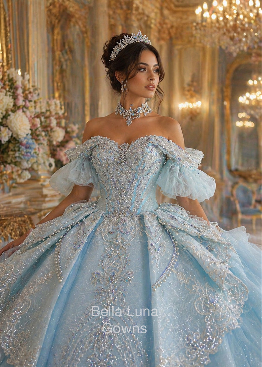 Custom Blue Quinceaera Ball Gown with 3D Beaded Appliqus and Dramatic Train Custom Plus Size / Ivory/Off White